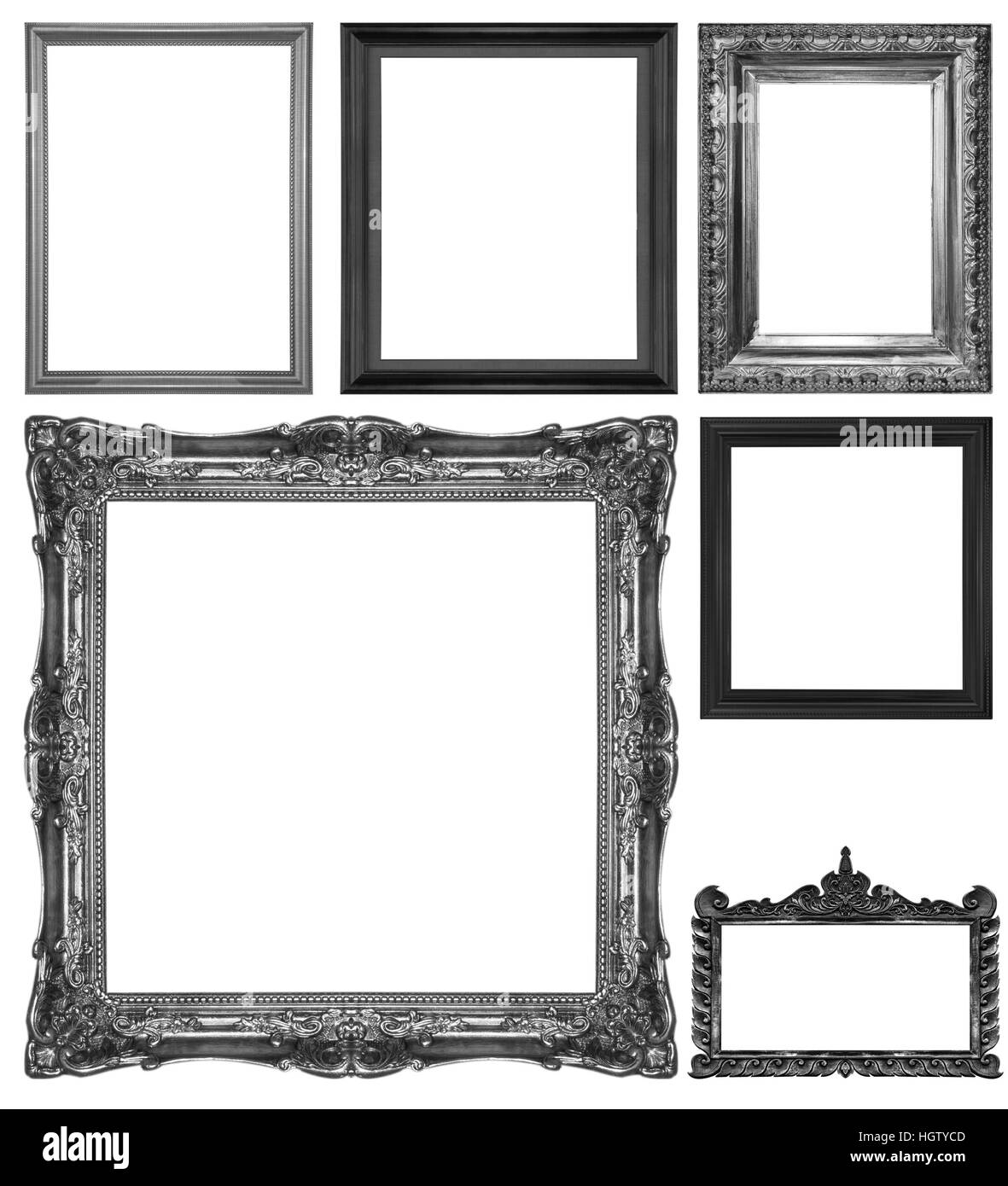 Antico telaio nero isolato decorativi in legno intagliato Stand antico telaio nero isolato su sfondo bianco Foto Stock