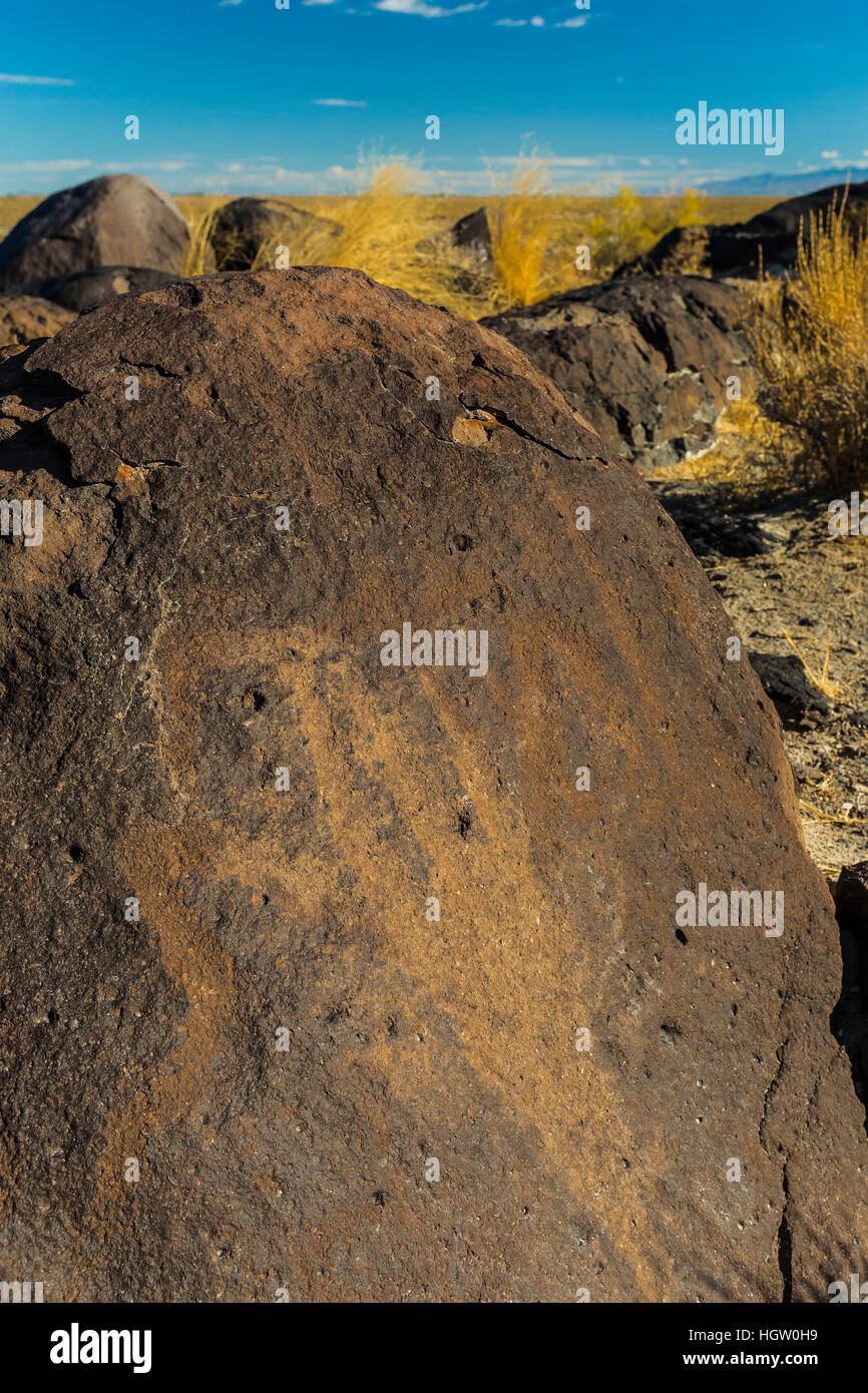 Incisioni rupestri pecked in basalto con uno strato di vernice del deserto fino a migliaia di anni fa, presso il Bureau of Land Management punto Grimes Archaeolog Foto Stock