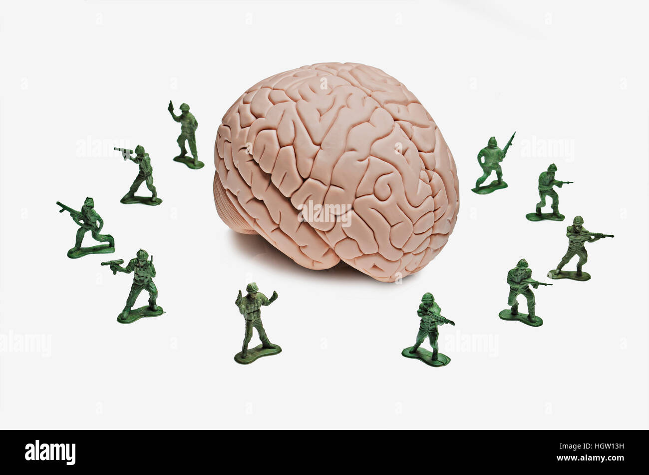 Toy Soldiers che circonda un cervello umano modello Foto Stock
