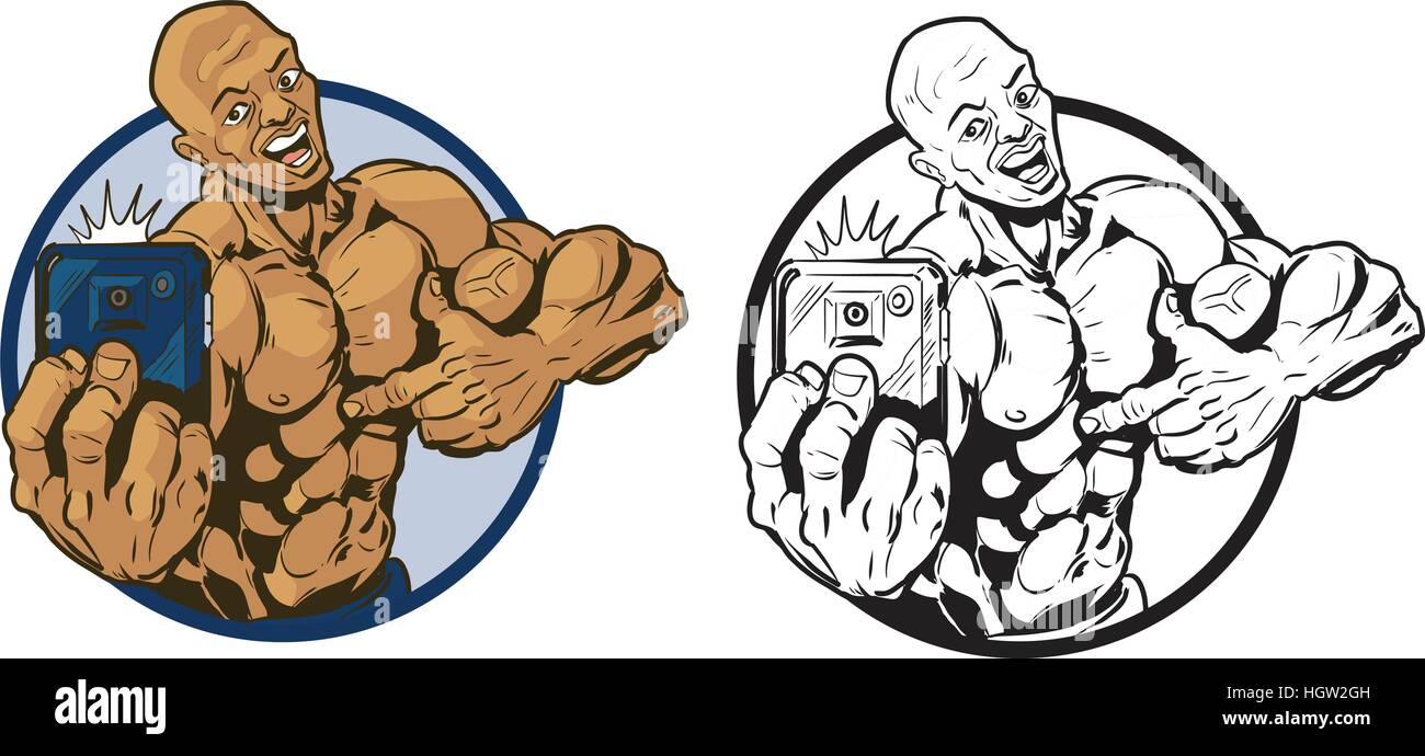 Vector cartoon clip art illustrazione di una adatta fisicamente muscoloso americano africano uomo prendendo un selfie con uno smartphone mentre punta a se stesso. Illustrazione Vettoriale