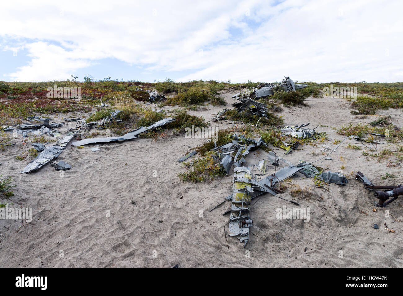 Il relitto di un incidente aereo sulla tundra. Foto Stock