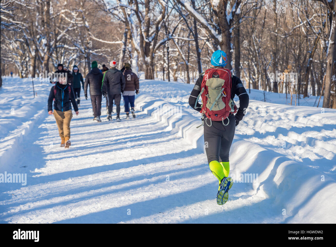 Montreal, CA - 1 Gennaio 2017: l'uomo in esecuzione su Chemin Olmsted sul Mount Royal durante il periodo invernale Foto Stock