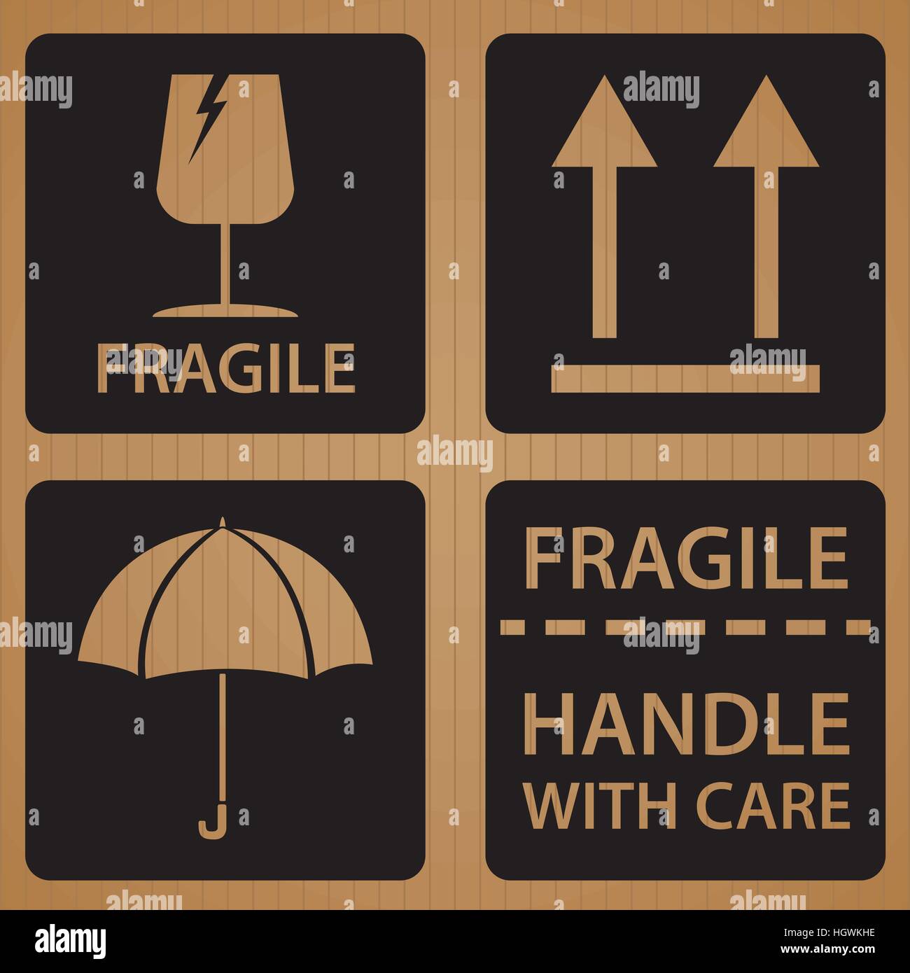 Fragile etichetta di spedizione con il nero simbolo di imballaggio in cartone marrone sfondo texture. Illustrazione Vettoriale