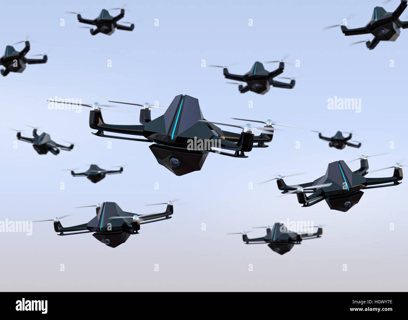 Sciame di fuchi volare nel cielo. 3D rendering immagine Foto Stock
