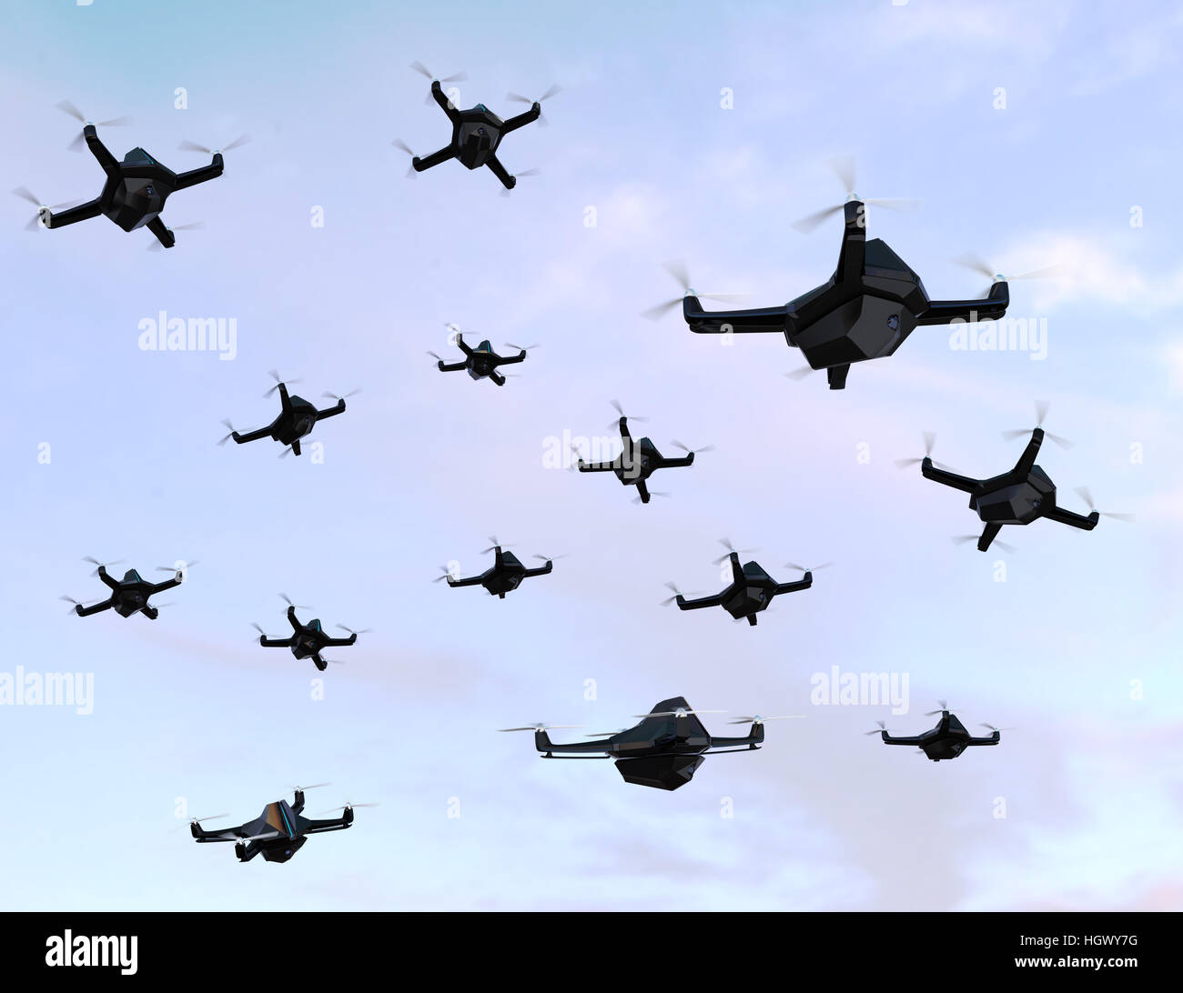 Sciame di fuchi volare nel cielo. 3D rendering immagine Foto Stock