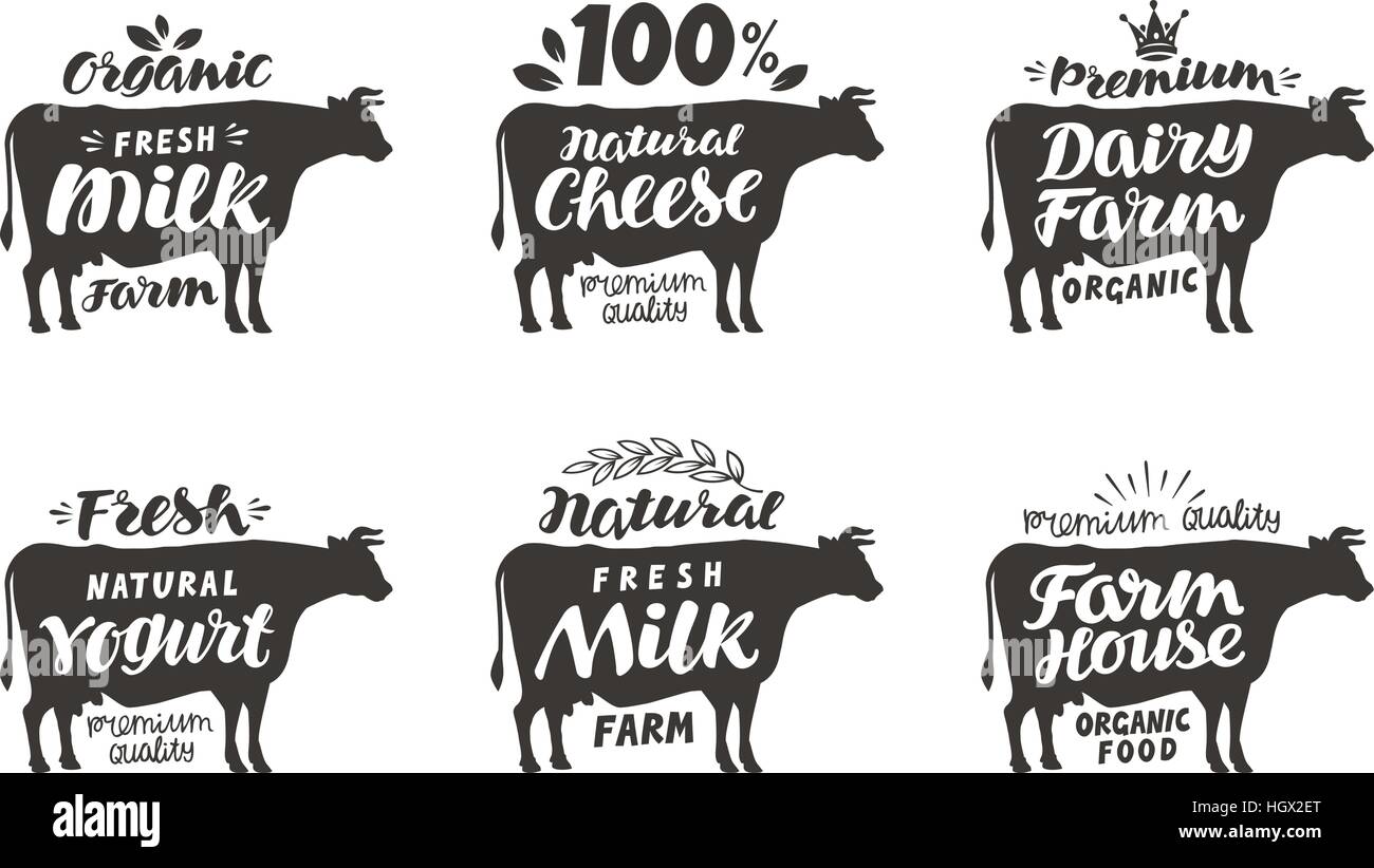 La mucca. Vettore alimentare set di etichette, scudetti e icone. Lettering latte, formaggio, Dairy Farm, yogurt isolati su sfondo bianco Illustrazione Vettoriale