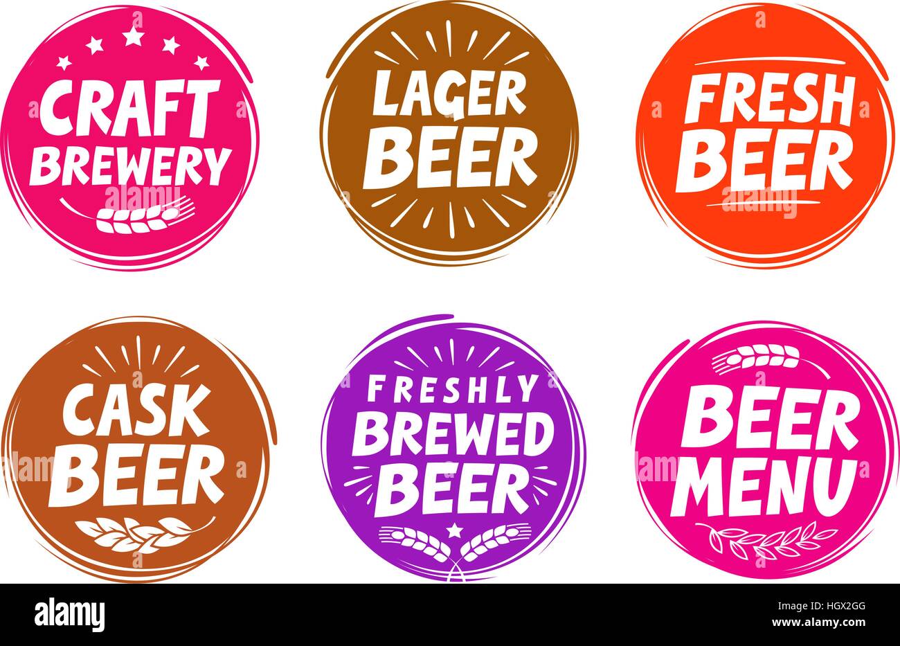 Set di vettore di etichette colorate per la birra, pub. Icone di raccolta Illustrazione Vettoriale
