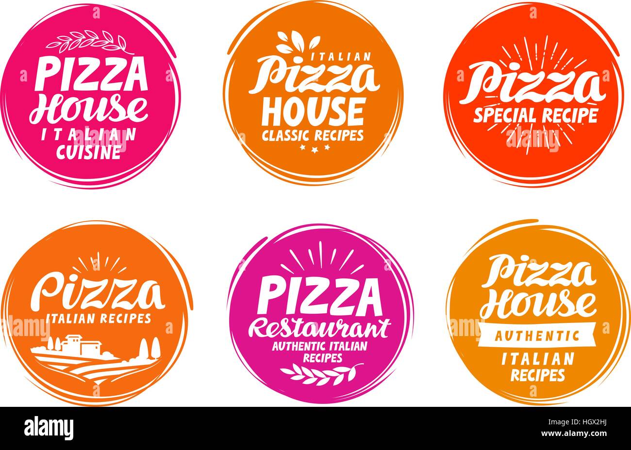 Pizza set di icone. Etichette di raccolta per il design del menu di ristorante o bar Illustrazione Vettoriale