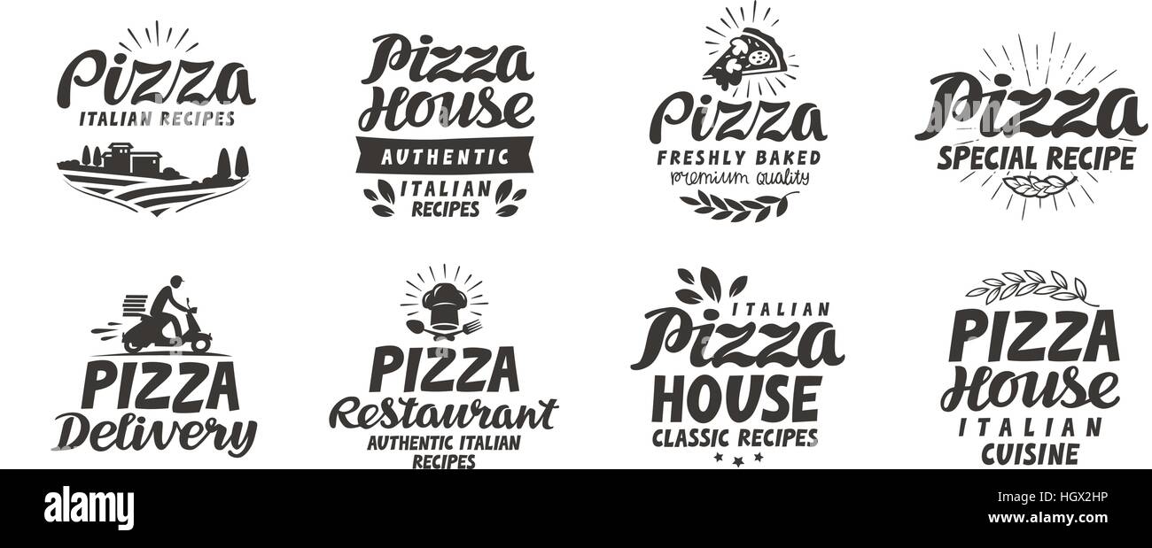 Pizza, set di alimentare le icone. Raccolta di scritte, etichette per il design del menu di ristorante o bar isolato su sfondo bianco Illustrazione Vettoriale