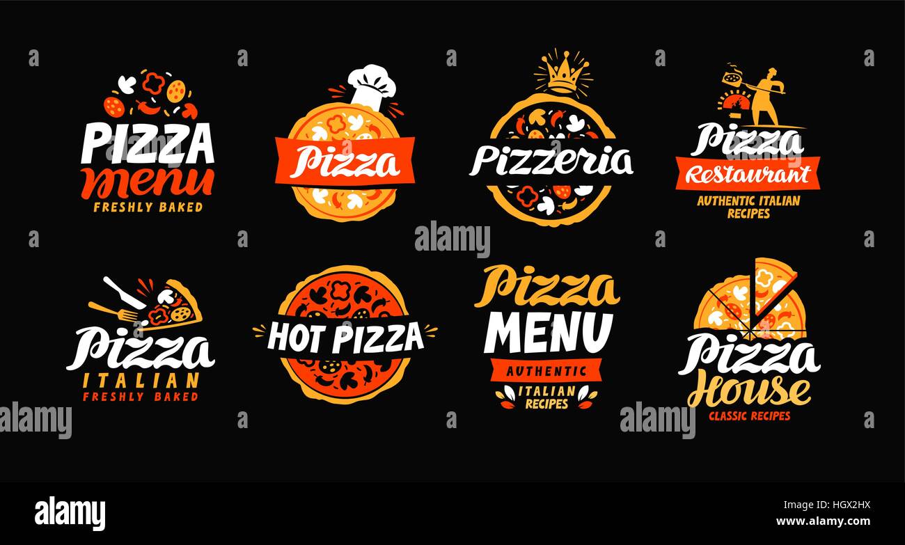 Il logo di pizza. Etichette di raccolta per il design del menu di ristorante o in pizzeria Illustrazione Vettoriale