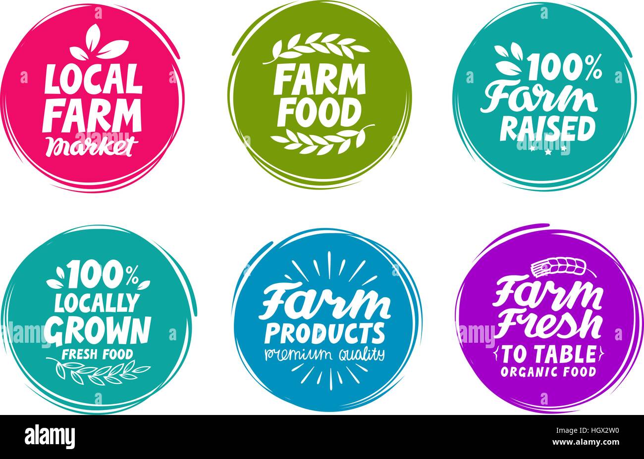 Set di vettore di etichette colorate per i prodotti alimentari, nutrizione. Icone di fattoria Illustrazione Vettoriale