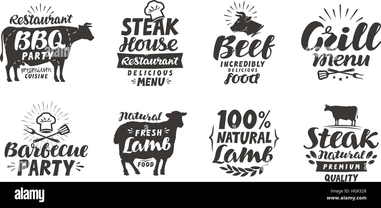 Barbeque, barbecue, etichette di carne. Elementi di una collezione di design del menu di ristorante o bar. Illustrazione Vettoriale Illustrazione Vettoriale
