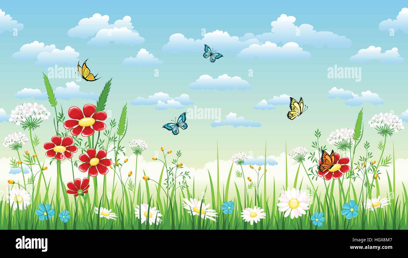 Seamless sfondo floreale con fiori e farfalle Illustrazione Vettoriale