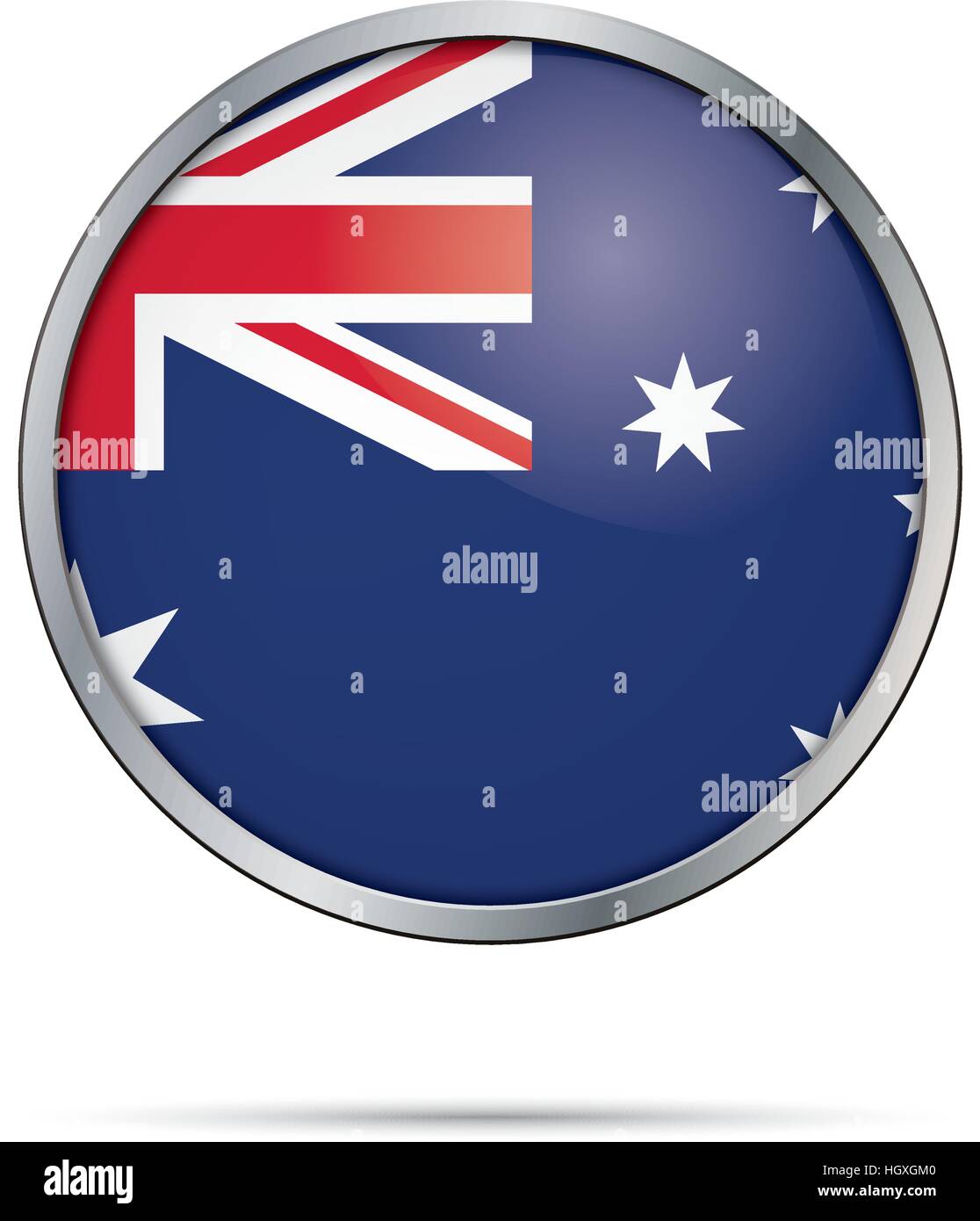 Vettore di bandiera australiana pulsante. Bandiera dell'Australia in vetro in stile di pulsante con telaio di metallo. Illustrazione Vettoriale