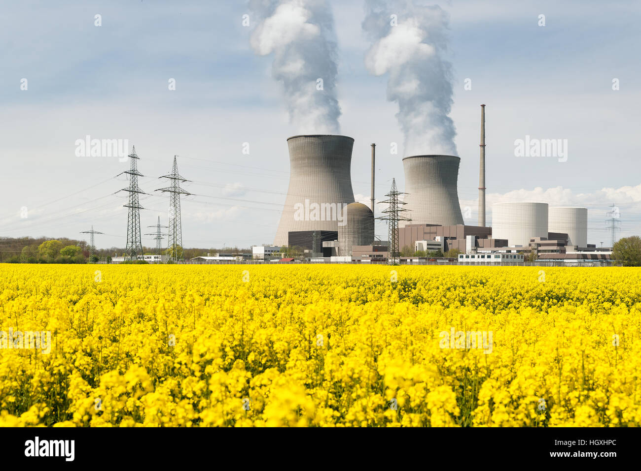 Centrale nucleare con campo giallo e big blue clouds in Germania Foto Stock
