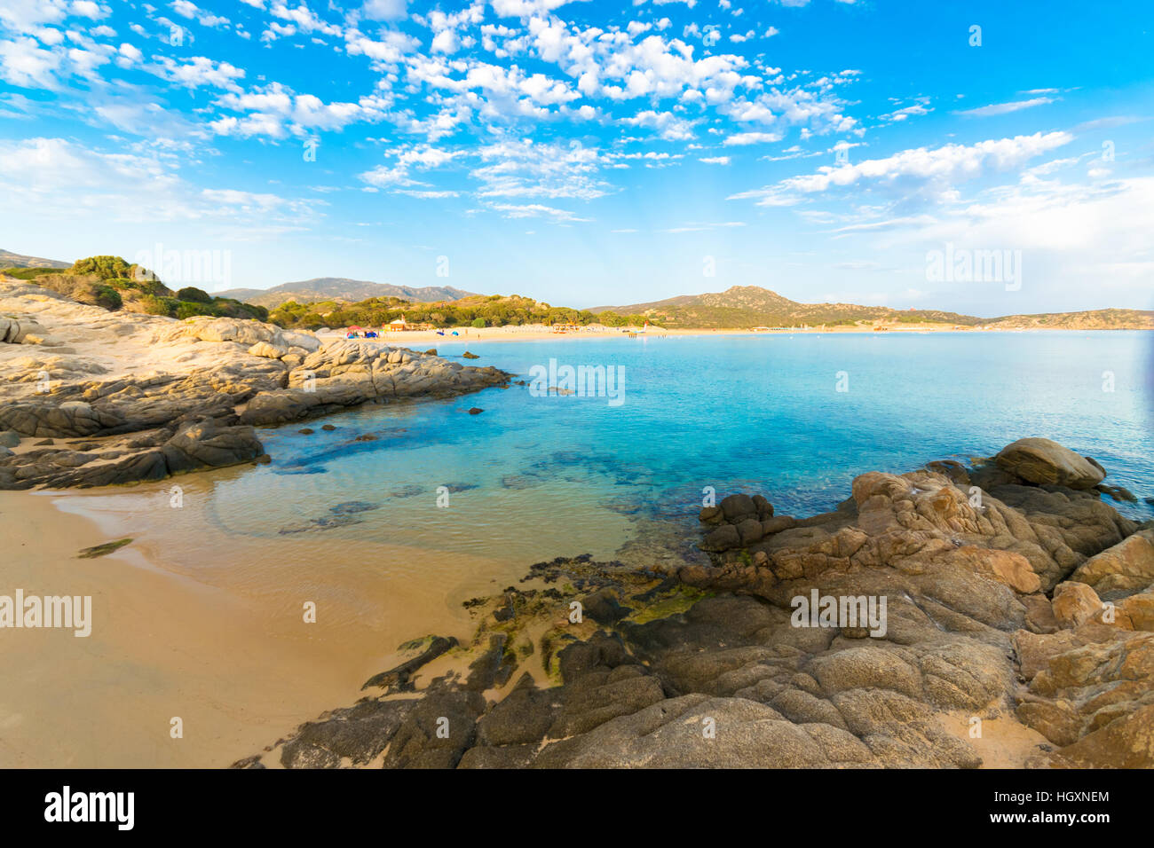 Il mare e le spiagge incontaminate di Chia, l'isola di Sardegna, Italia. Foto Stock