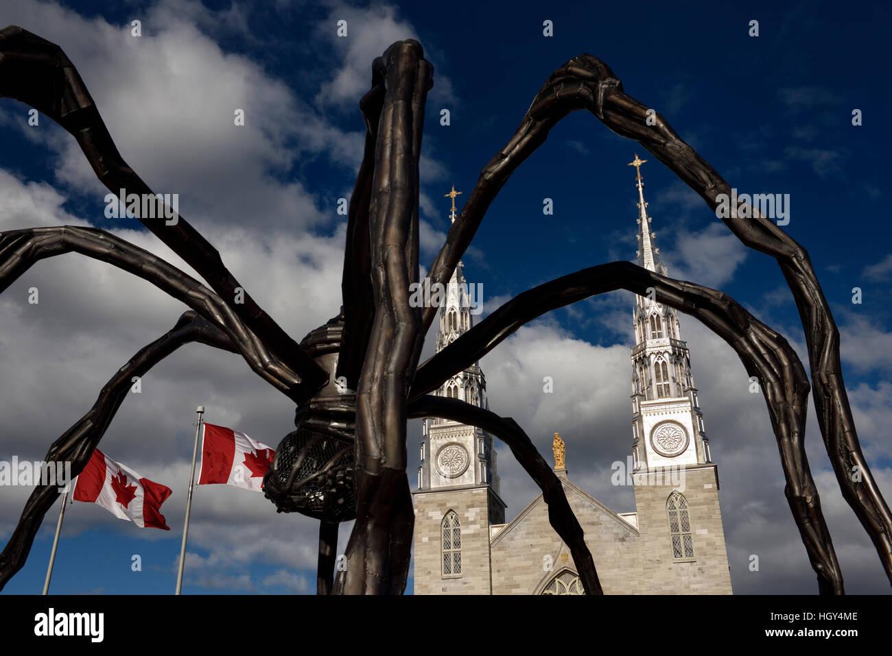 Cattolica Notre Dame Basilica Cattedrale di Ottawa con il ragno gigante scultura e bandiere canadesi Foto Stock