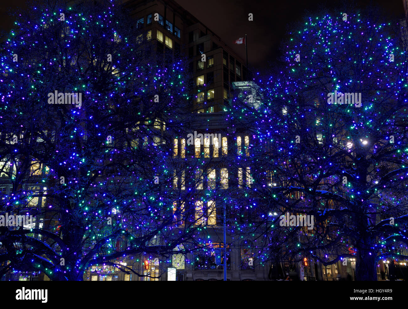 Centro storico Edificio Camere nazionali Commissione Capitale Ottawa di notte blu con le luci di Natale Foto Stock