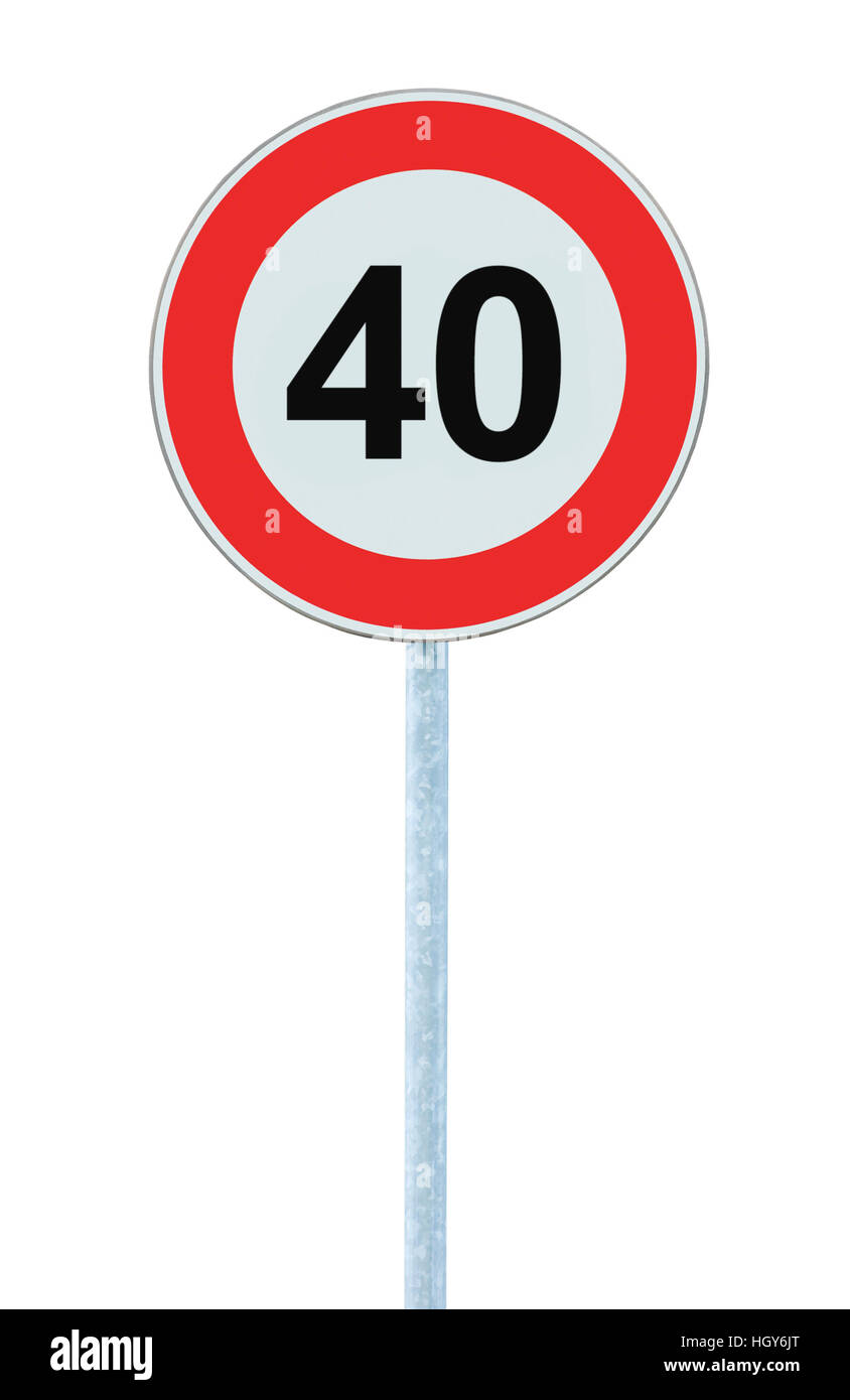 Limite di velocità avviso zona cartello stradale, isolato proibitivo 40 Km  chilometro chilometro la massima limitazione del traffico Fine cerchio  rosso, Grande Closeup dettagliato Foto stock - Alamy