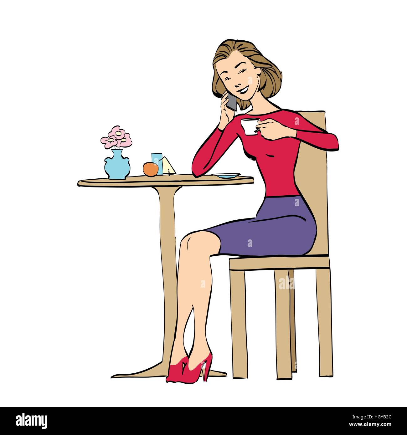 Bella donna in cafe di bere il caffè Illustrazione Vettoriale