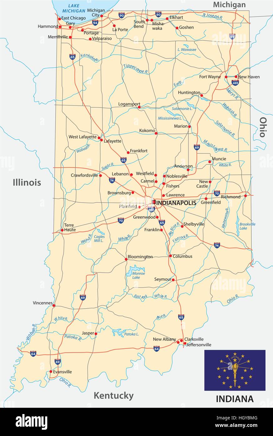 Indiana road map con bandiera Illustrazione Vettoriale