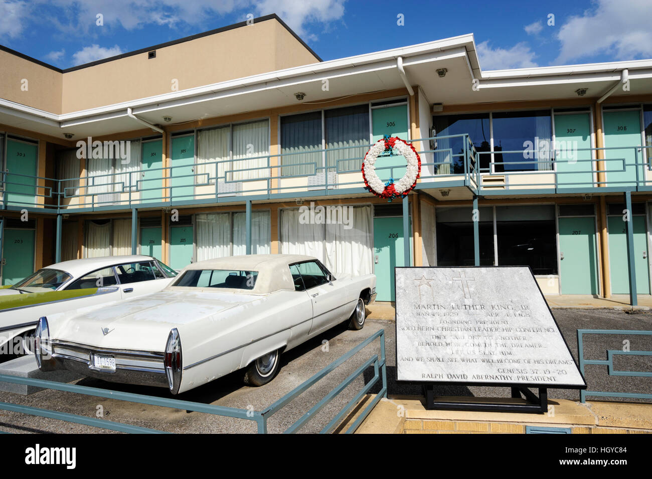 Fuori dalla stanza 306, Lorraine Motel, dove Martin Luther King fu assassinato nel 1968. Memphis, Tennessee Foto Stock