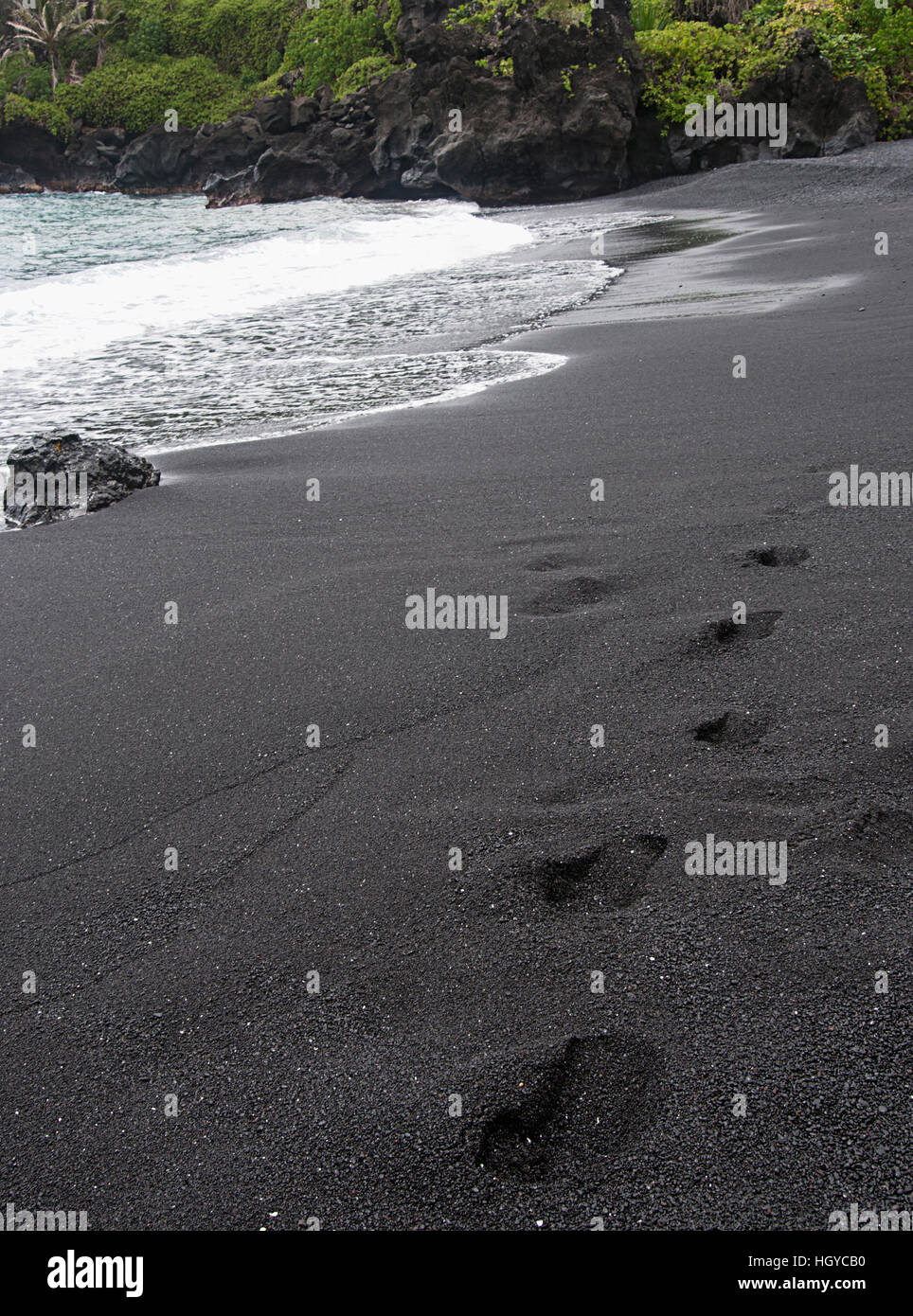 Orme Honokalani sulla spiaggia di sabbia nera si trova nel Wainapanapa State Park, Hana, Maui Hawaii Foto Stock