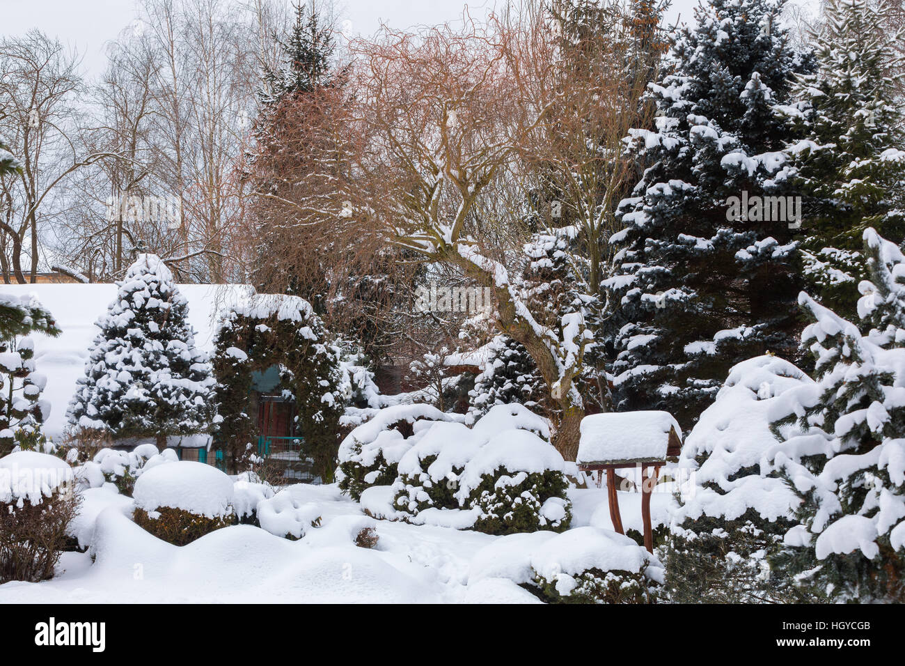 Legno bird feeder, birdhouse installato su giardino d inverno in giornata nevosa Foto Stock