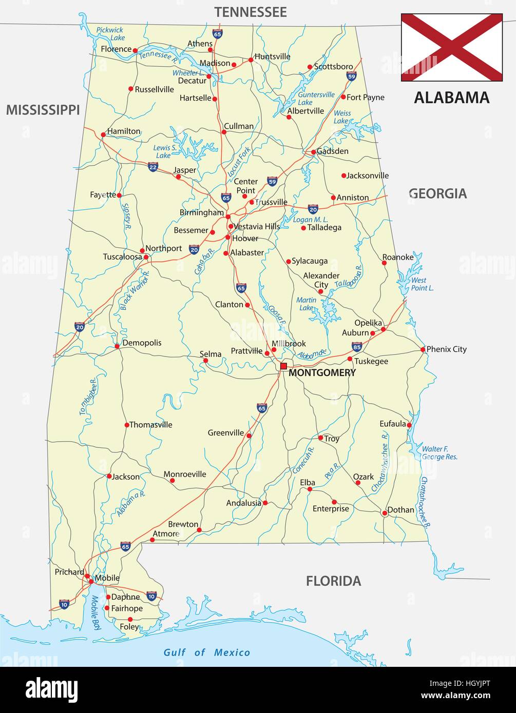 Alabama road map con bandiera Illustrazione Vettoriale