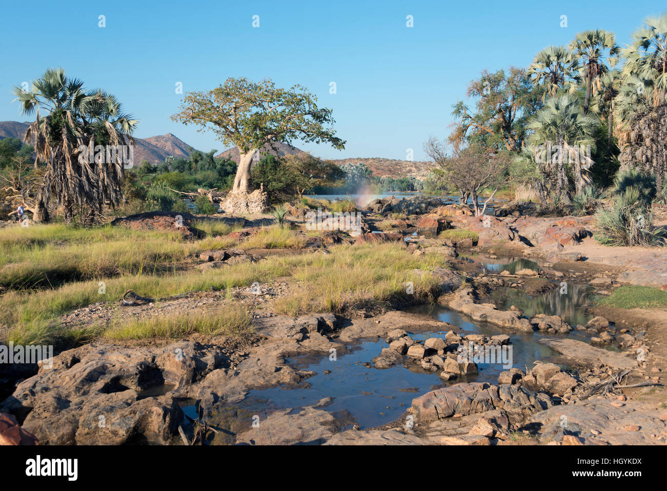 Paesaggio intorno al fiume Kunene a Epupa Falls, Kaokoland, Namibia Foto Stock