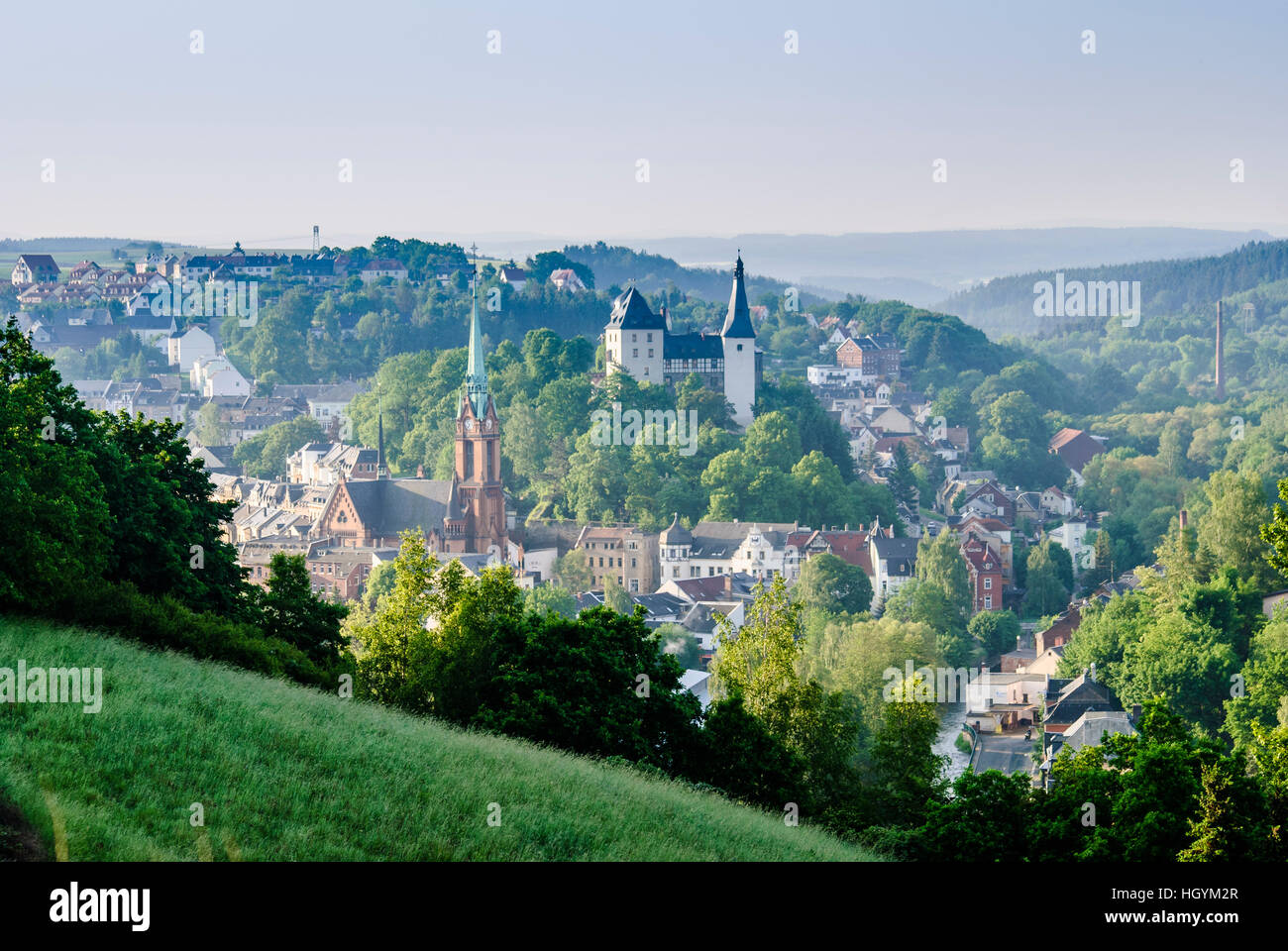 Mylau: Città di Mylau con il castello, Vogtland, Sassonia, Sassonia, Germania Foto Stock