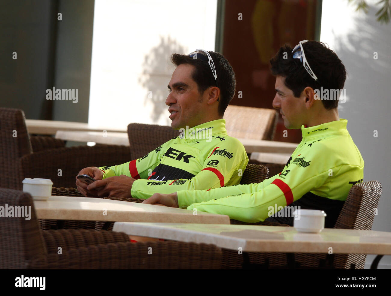 Mallorca, Spagna. Il 13 gennaio 2017. Alberto Contador inizia una nuova fase di Maiorca durante la sua lunga carriera. Dopo aver completato la sua partenza da Tinkoff, il Trek Segafredo è la nuova destinazione del pilota spagnolo, e per un altro anno la American Racing team ha scelto di Mallorca per eseguire il suo tradizionale winter stadio, in cui mancano solo i ciclisti che parteciperanno a un paio di giorni in Australian scende al di sotto dei tour. Mafalda Alamy Live News Foto Stock