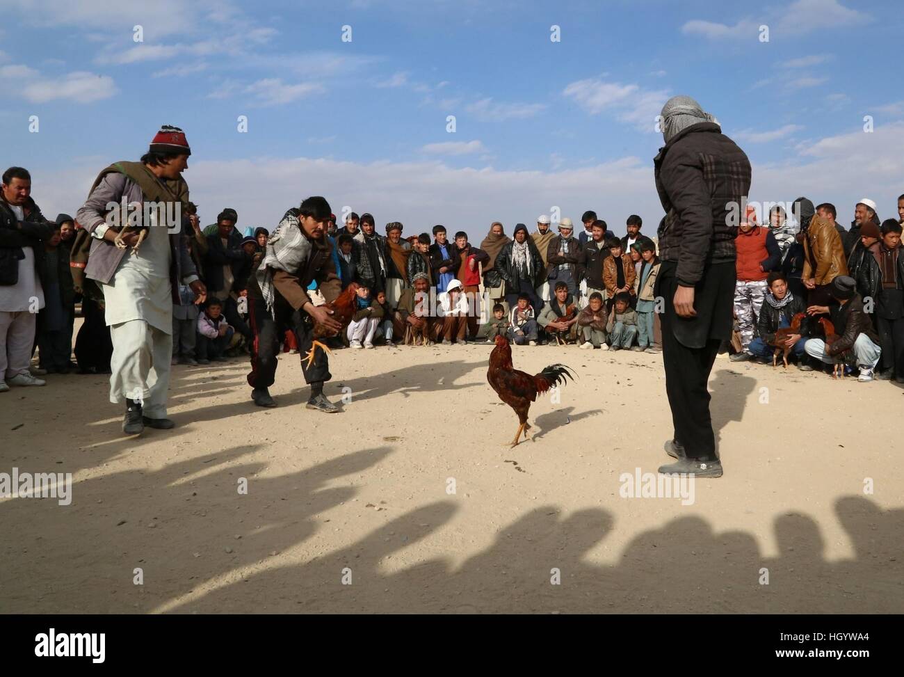 Ghazni, Afghanistan. Xiii gen, 2017. Gli uomini afghani guarda cockfighting in Ghanzi provincia est dell'Afghanistan, Gennaio 13, 2017. © Sayed Mominzadah/Xinhua/Alamy Live News Foto Stock