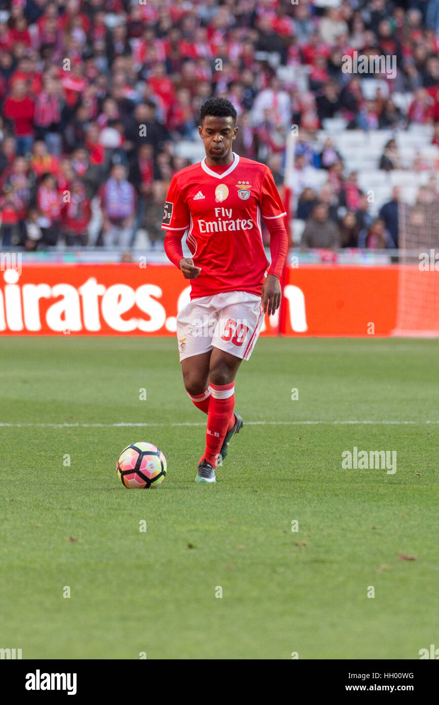 Lisbona, Portogallo. 14 gennaio 2017.Benfica il defender dal Portogallo Nelson Semedo (50) in azione durante il gioco SL Benfica v Boavista FC a Lisbona, Portogallo. © Alexandre de Sousa/Alamy Live News Foto Stock