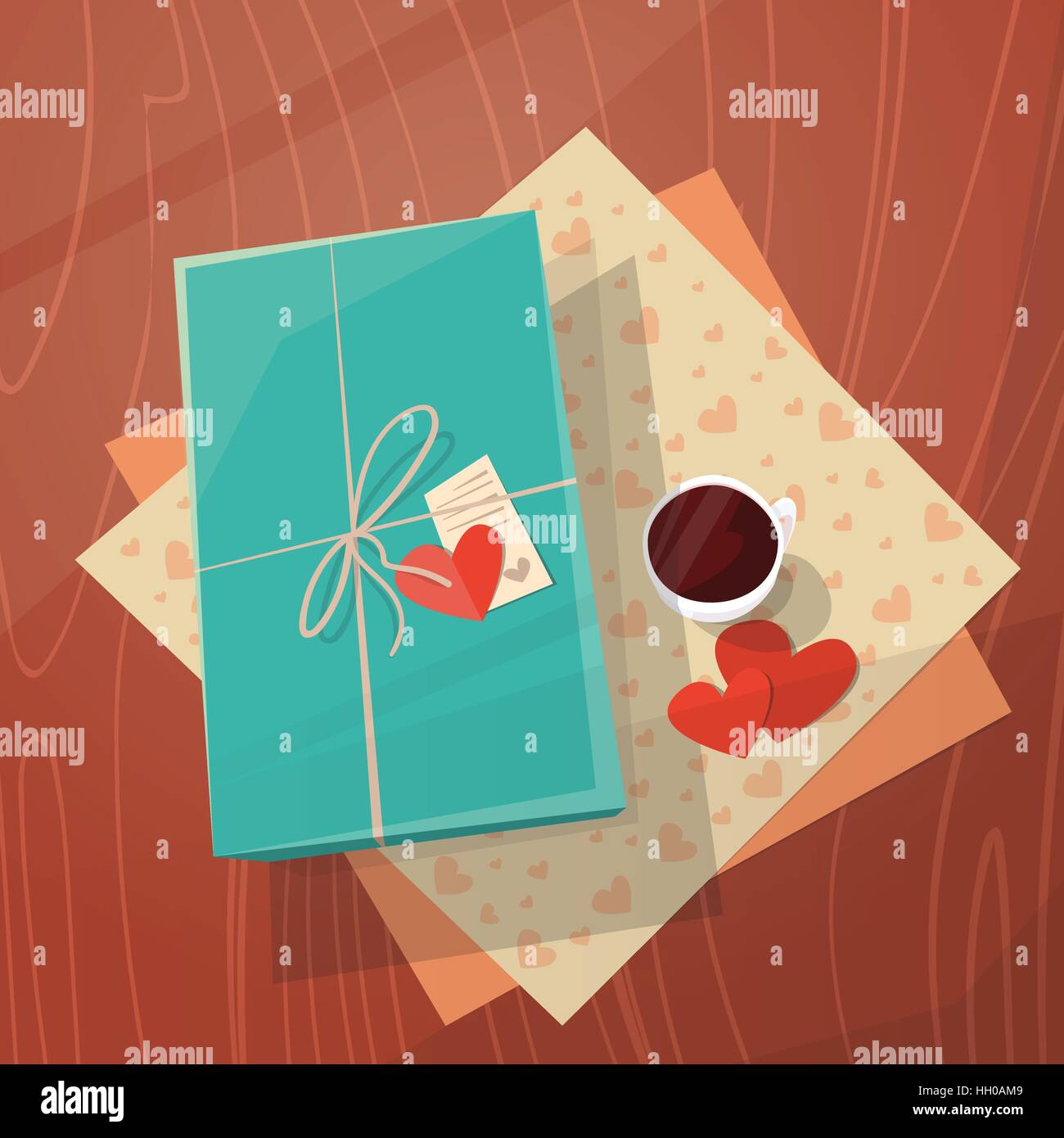 Il giorno di San Valentino Gift Card vacanza decorate Workspace Desk Top Angolo di visione Illustrazione Vettoriale