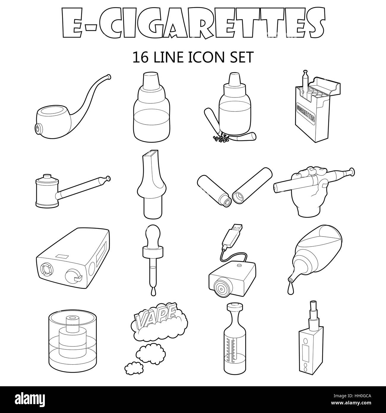 E-sigarette set di icone di stile di contorno Illustrazione Vettoriale