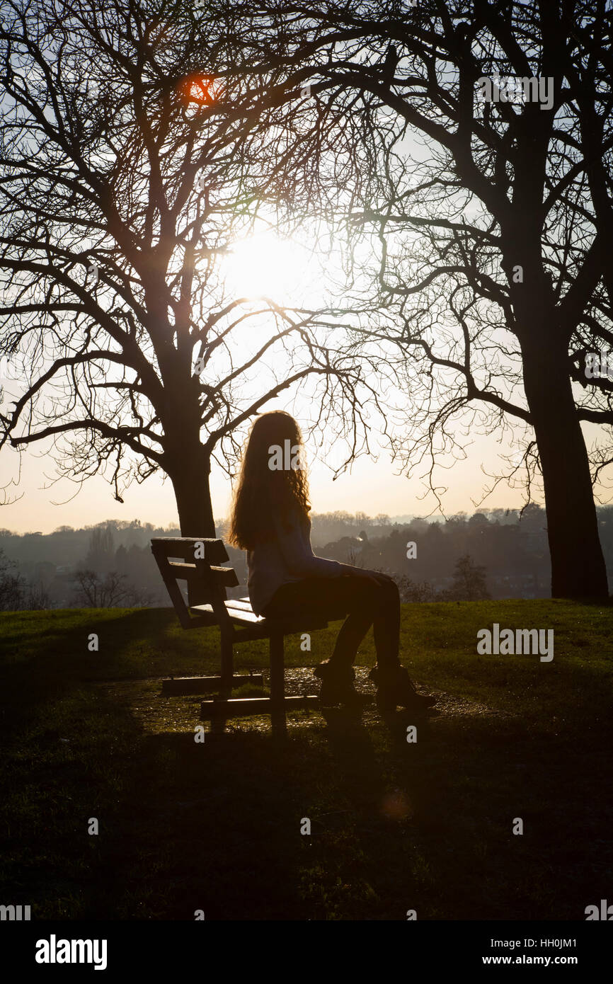 Silhouette di una vista posteriore di una donna seduta da sola su una panchina in una posizione tranquilla con una drammatica cielo e alberi. Foto Stock