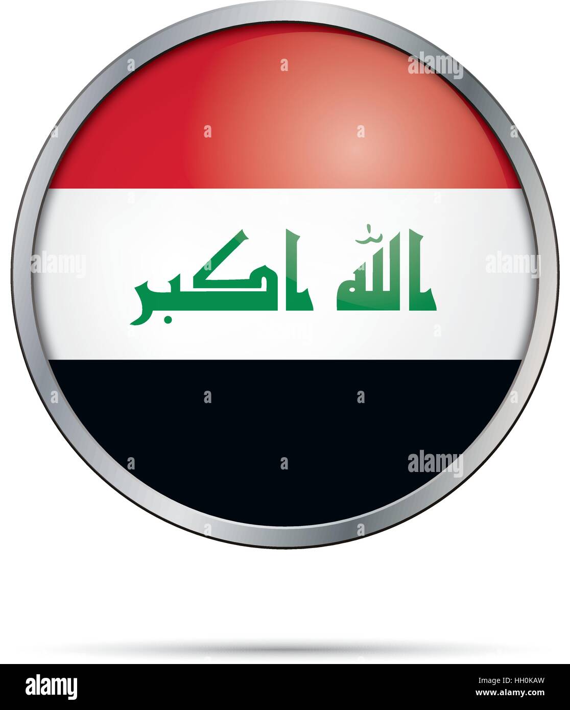Vettore di bandiera irachena pulsante. Iraq bandiera in vetro in stile di pulsante con telaio di metallo. Illustrazione Vettoriale