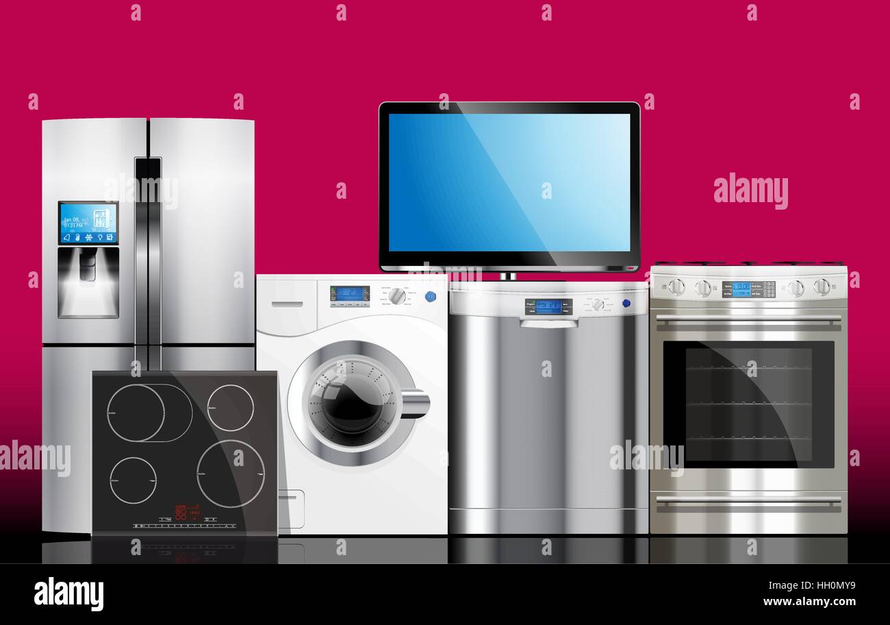 Home appliances. Fornello a gas, frigorifero, forno a Home appliances. Fornello a gas, frigorifero, forno a