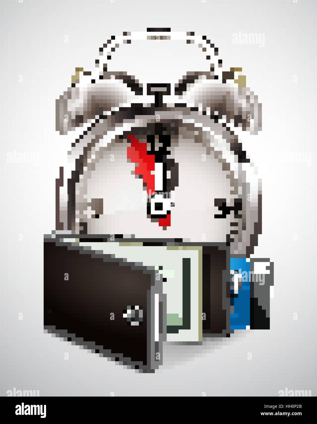 Portafoglio con denaro in contanti, carte di credito, calcolatrice e sveglia Illustrazione Vettoriale