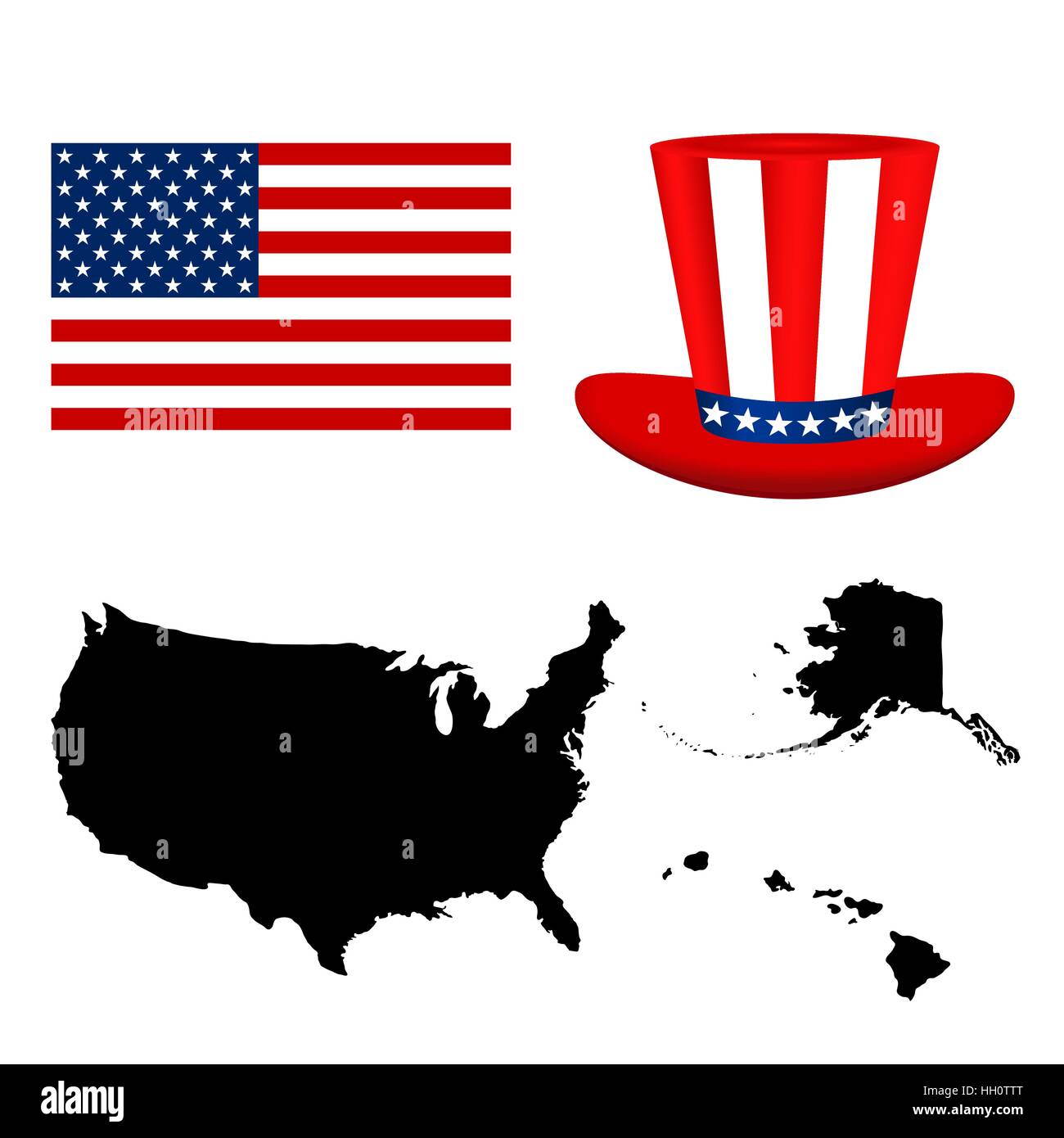 Mappa degli Stati Uniti con un cappello e una bandiera su sfondo bianco Illustrazione Vettoriale