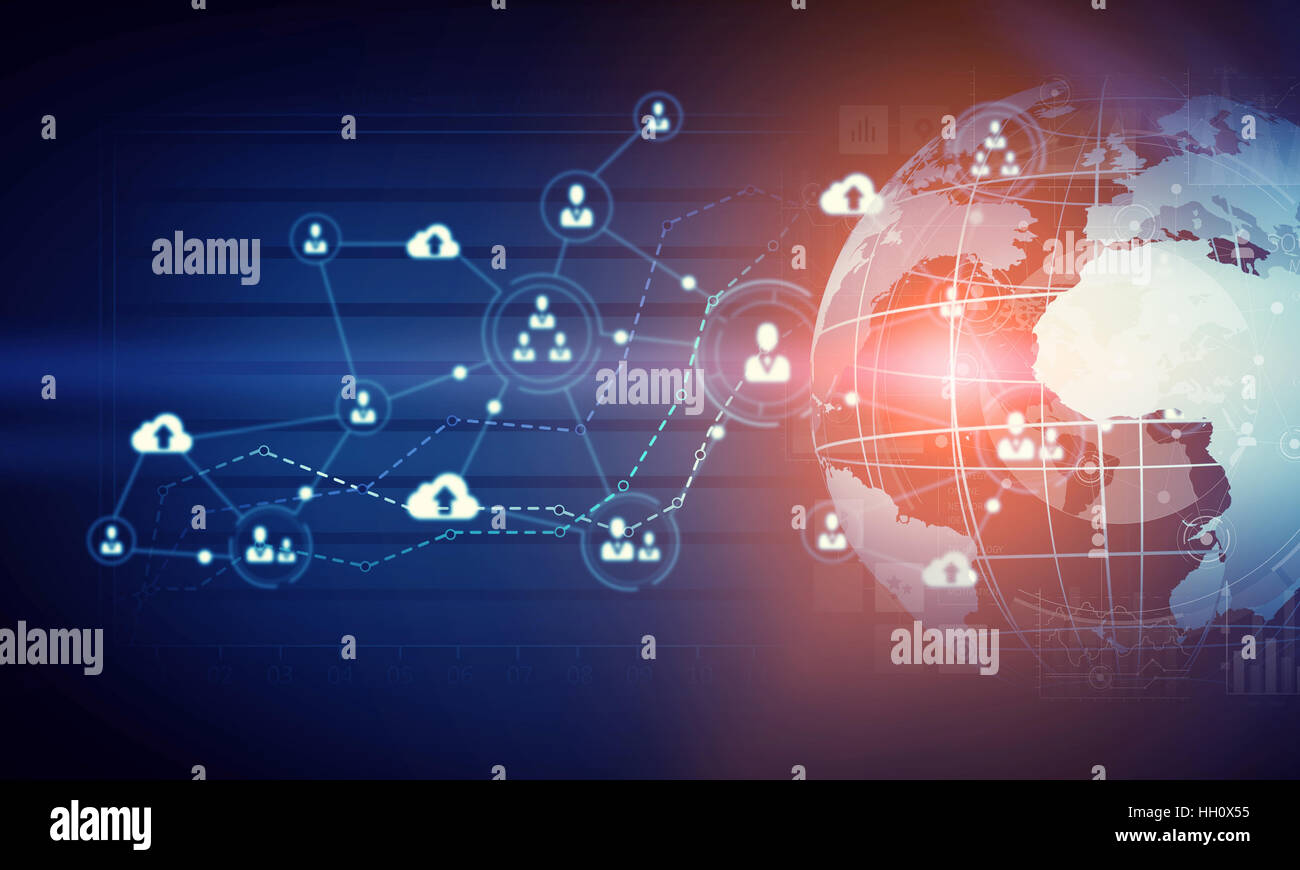 Global social media concetto con la tecnologia del pianeta e per le linee di collegamento. Il rendering 3D Foto Stock