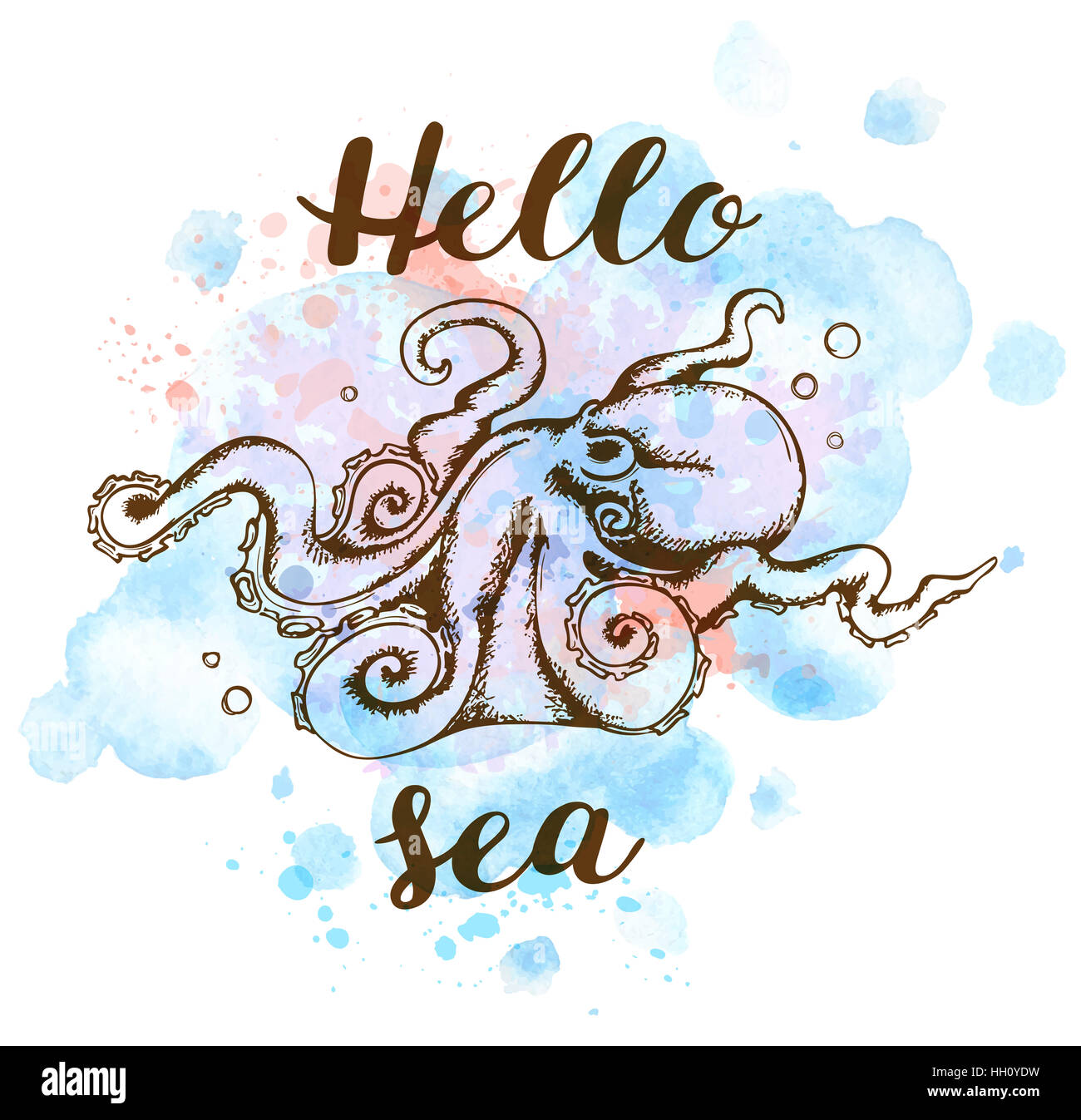 Disegnato a mano estate marino con sfondo blu texture acquerello e polpo Foto Stock