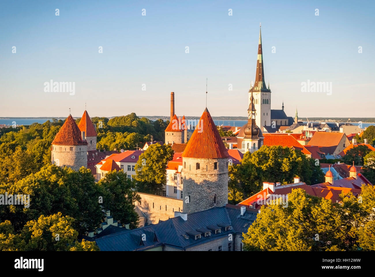 Paesaggio urbano della città vecchia di Tallinn con tetti luminoso alla luce del sole, Estonia Foto Stock