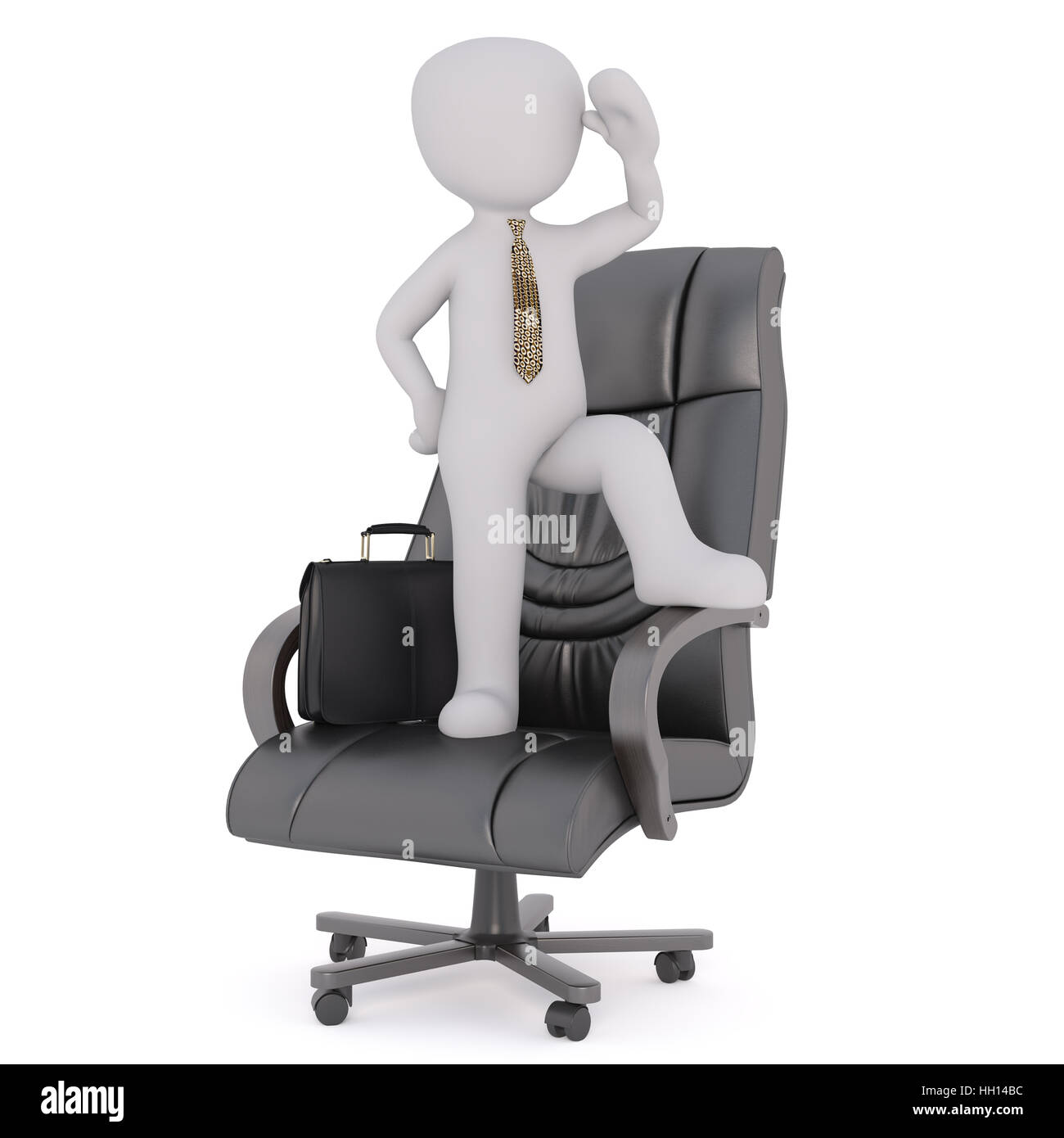 3d business toon figura con valigetta si fermò sulla sedia cercando in distanza, sfondo bianco Foto Stock