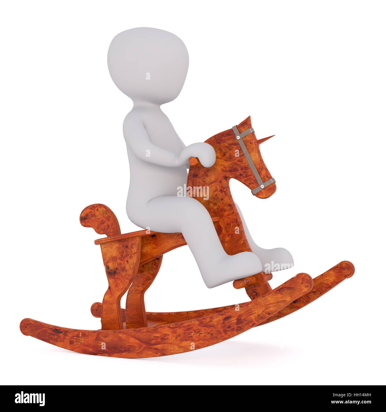 3D render la figura del bambino seduto sul retro del legno cavallo a dondolo. Isolato su bianco Foto Stock