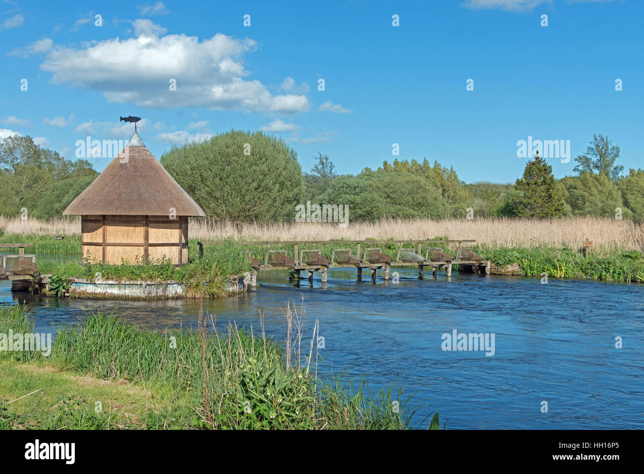 Fishermans hut e trappole di anguilla sul fiume, Test Valley, Hampshire. Un Chalk River, il fiume è famoso per la pesca alla trota. Foto Stock