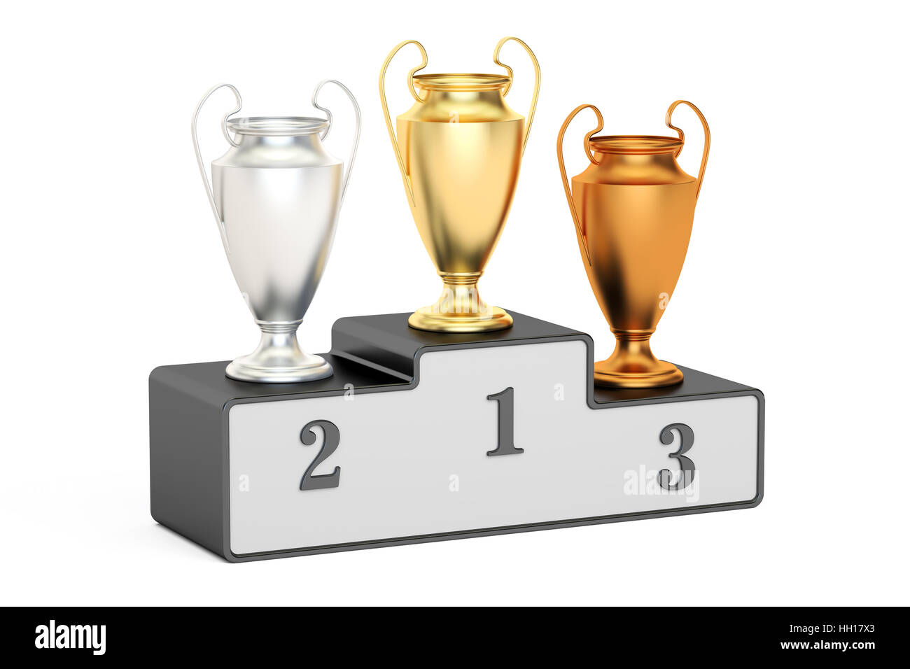 Oro, Argento e bronzo trofeo coppe sul piedistallo nero, rendering 3D isolati su sfondo bianco Foto Stock