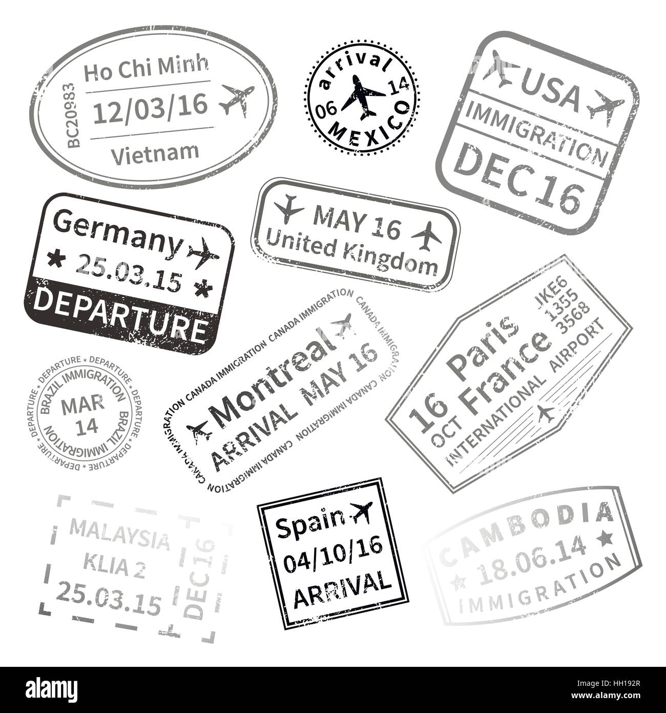 Grande set di black International Travel visa francobolli isolati su bianco. Segno arrivi timbri in gomma. Illustrazione Vettoriale
