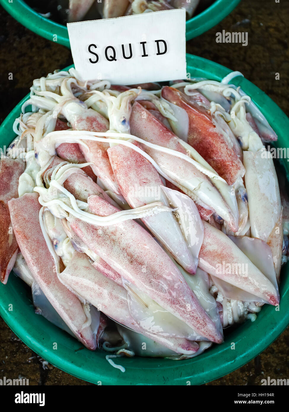 Frutti di mare calamari freschi in Thai mercato locale Foto Stock